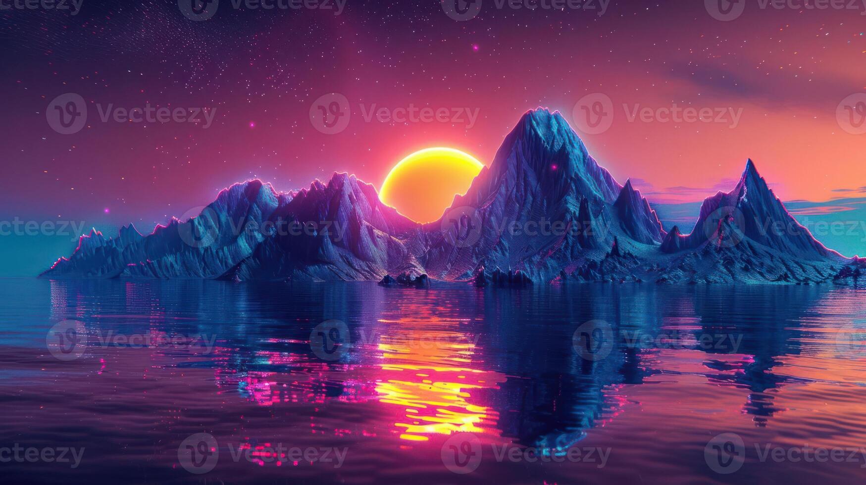 Vibrant sunset over surreal mountains reflecting in serene waters, creating a dreamlike landscape photo