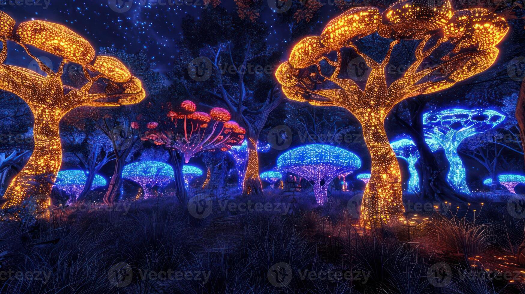 Enchanted forest illuminated by vibrant bioluminescent trees under a starry night sky photo