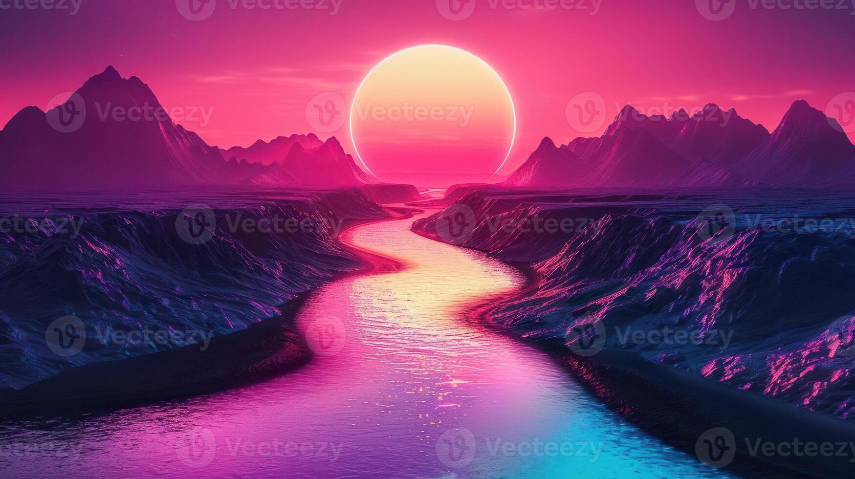 Vibrant sunset over a winding river with mountains, showcasing a surreal landscape at dusk photo