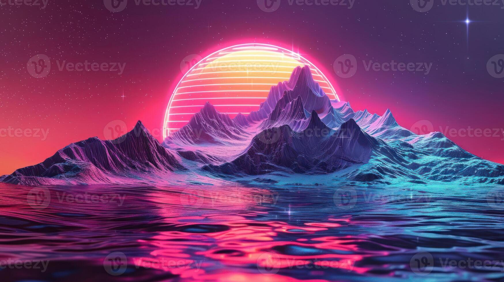Vibrant neon sunset over majestic mountains reflecting in serene waters, creating a surreal landscape photo