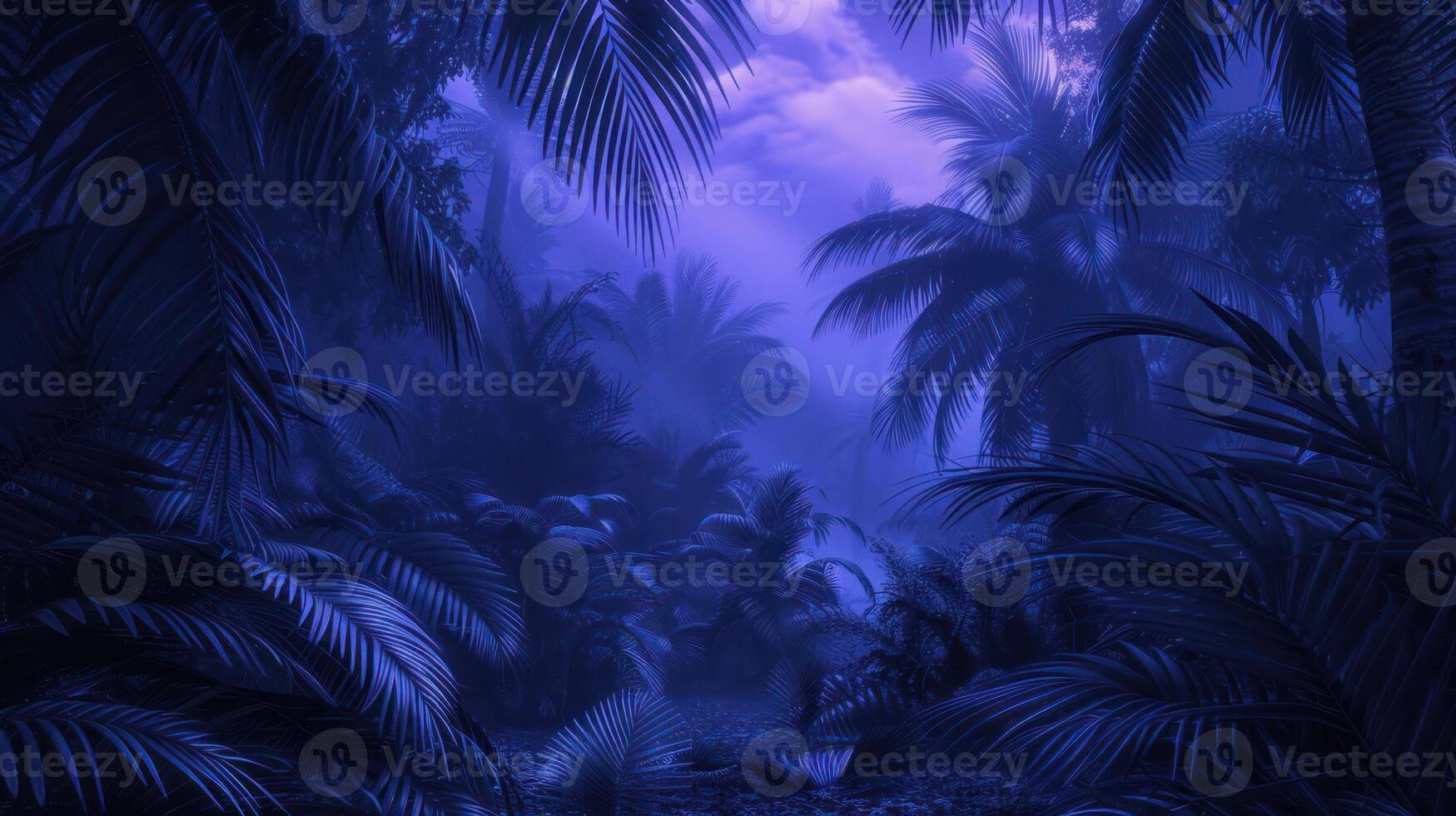 Mystical blue-hued jungle scene with dense foliage and soft mist creating an enchanting atmosphere photo