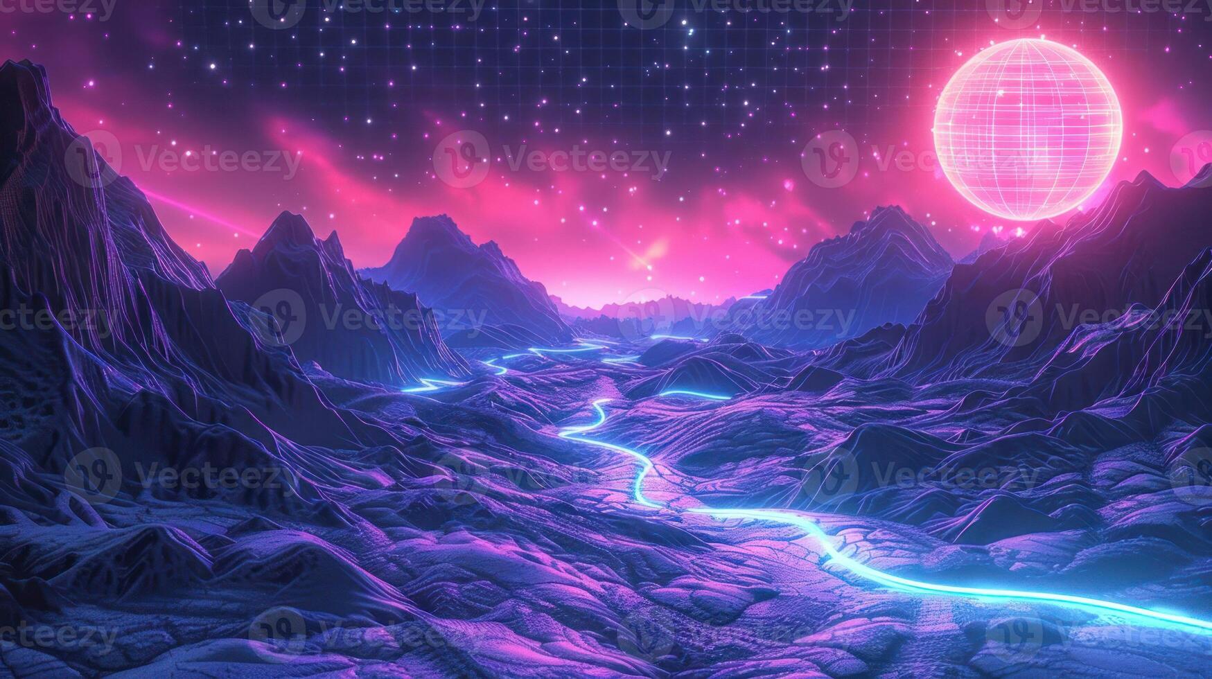 Surreal landscape with glowing river under a starry sky and large celestial body in the background photo