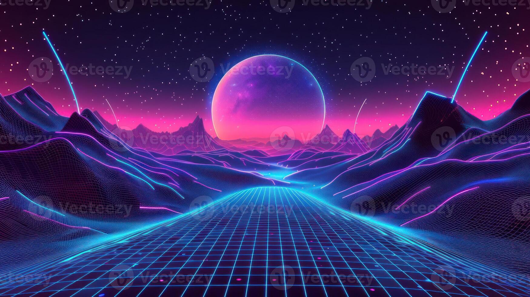 Futuristic landscape with neon-lit mountains and a vibrant purple moon in a digital universe photo