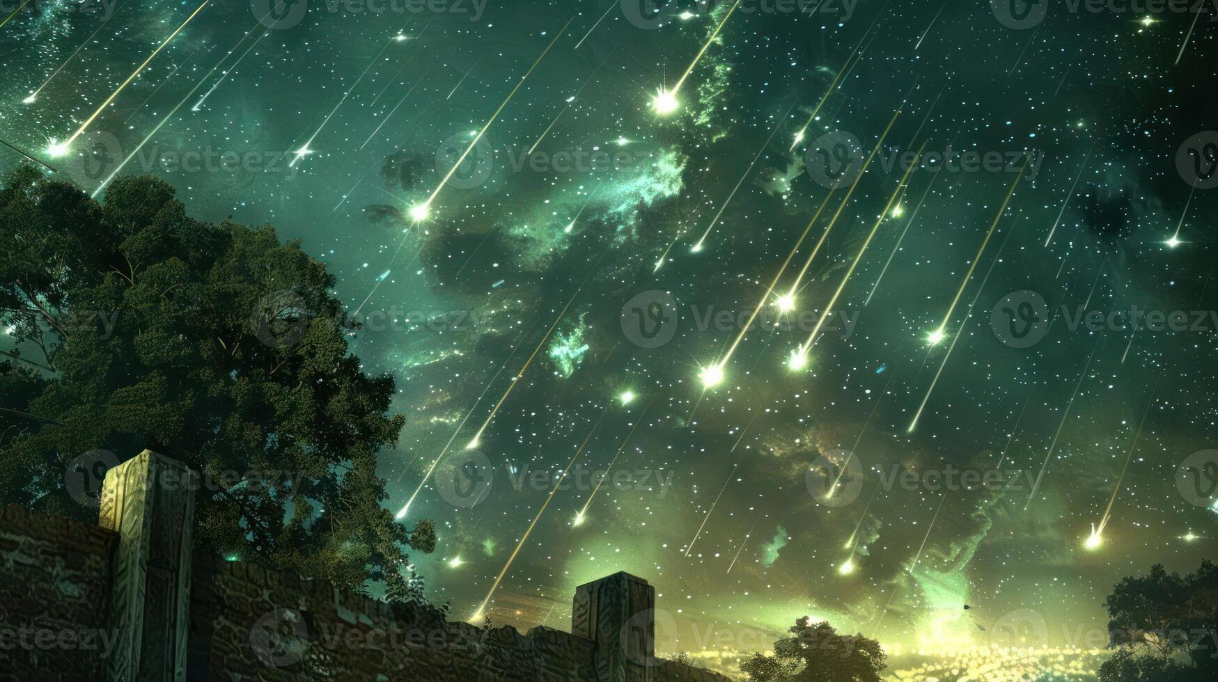 Celestial meteor shower illuminating a tranquil landscape at night with vibrant stars photo