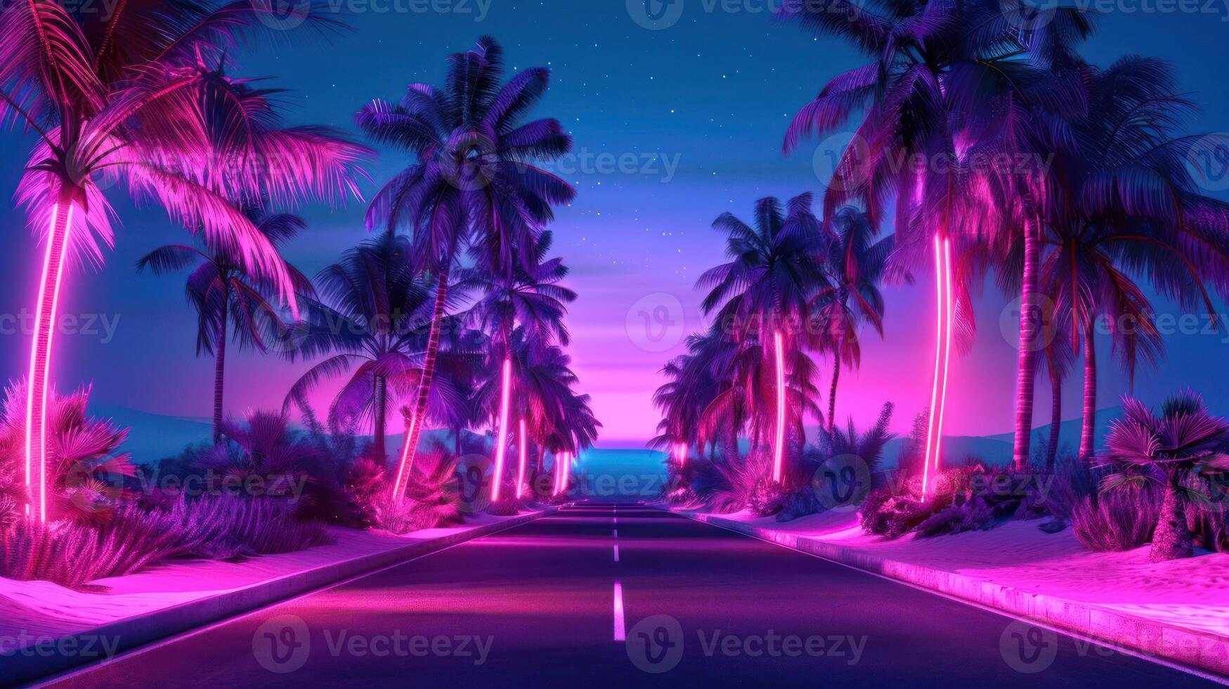 A vibrant neon-lit palm-lined road leading towards a tranquil ocean at dusk, evoking a dreamlike atmosphere photo