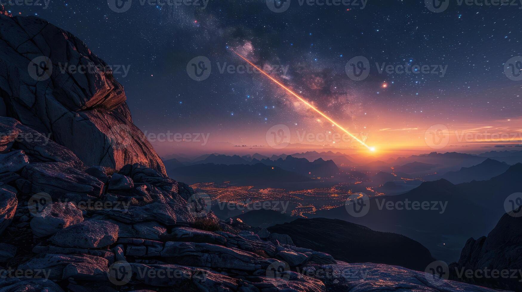 Stunning meteor shower over mountainous landscape at dusk, illuminating the night sky photo