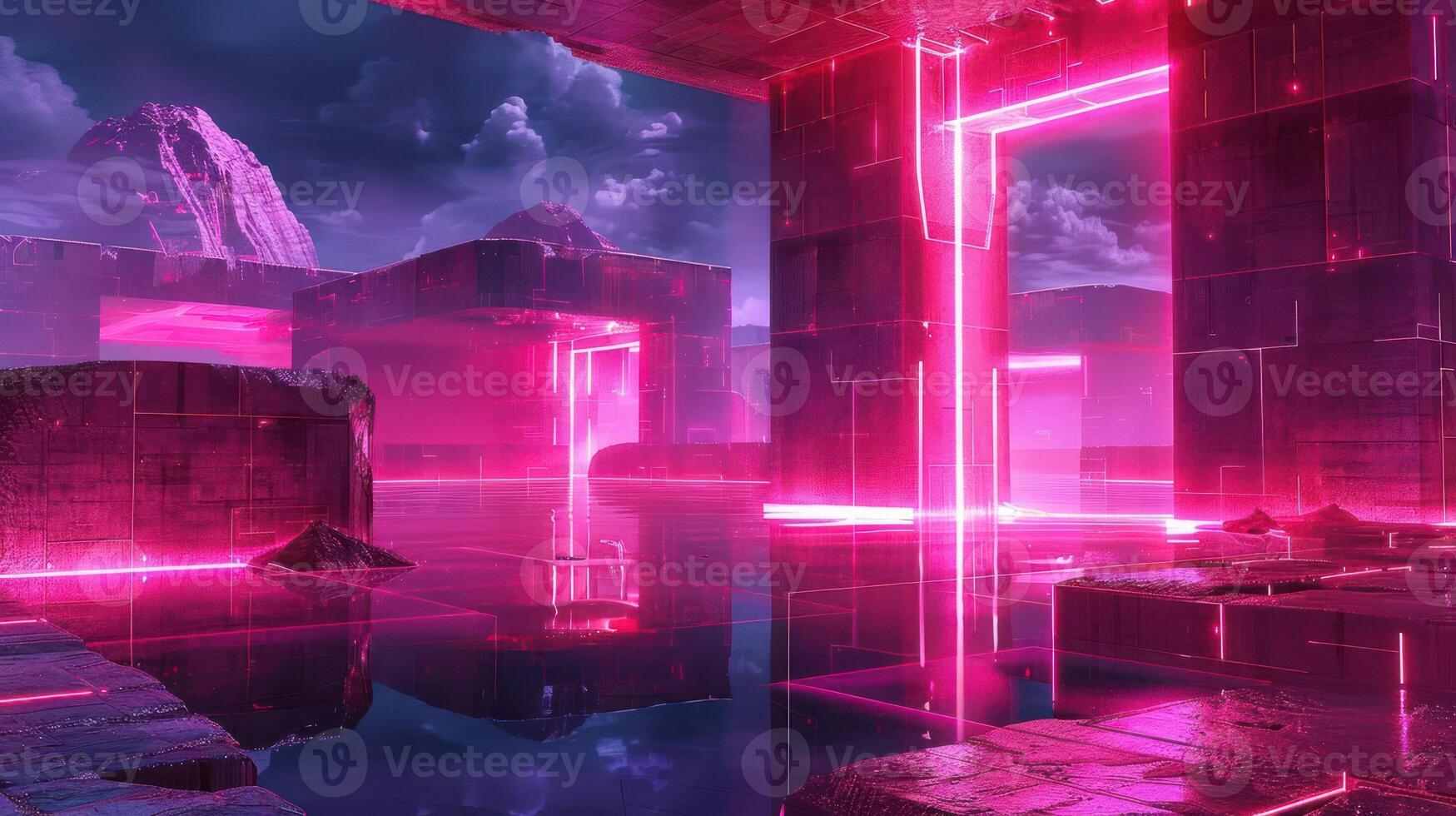 Futuristic neon landscape with glowing pink structures and reflective water under a dramatic sky photo