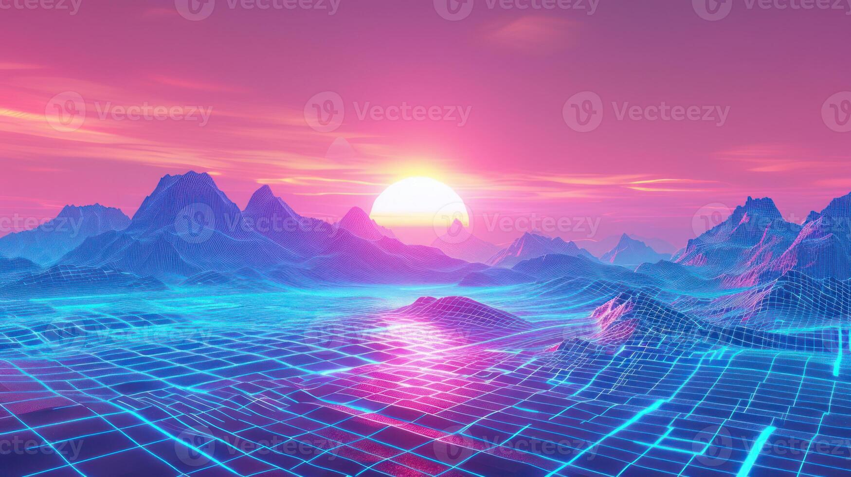 Digital landscape featuring a vibrant sunset over stylized mountains and grid patterns photo