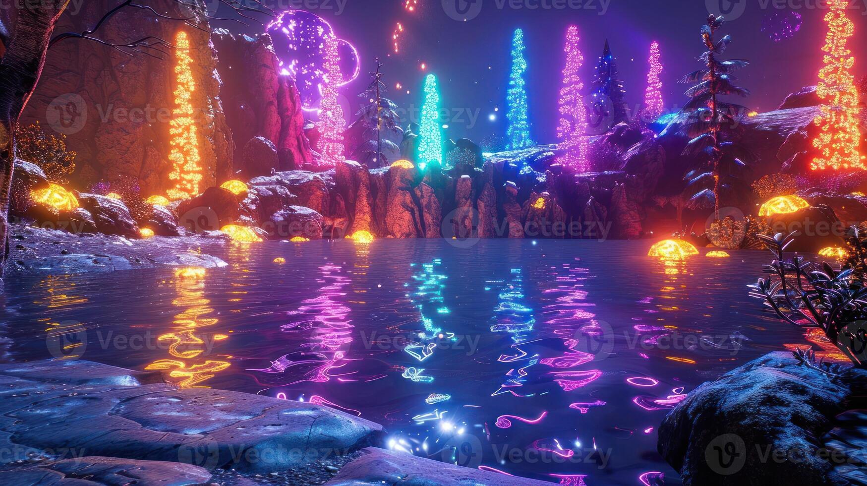 Enchanting nighttime landscape with colorful illuminated trees reflecting on a serene lake photo