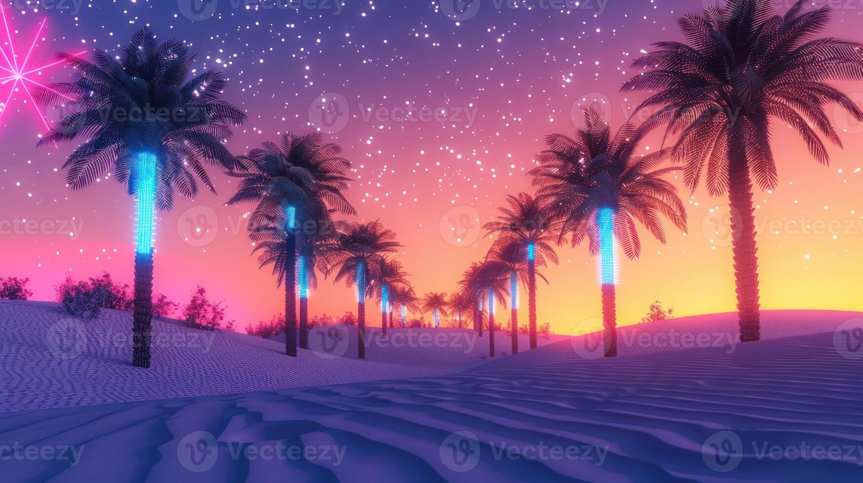 Vibrant sunset over a serene desert landscape lined with glowing palm trees under a starry sky photo