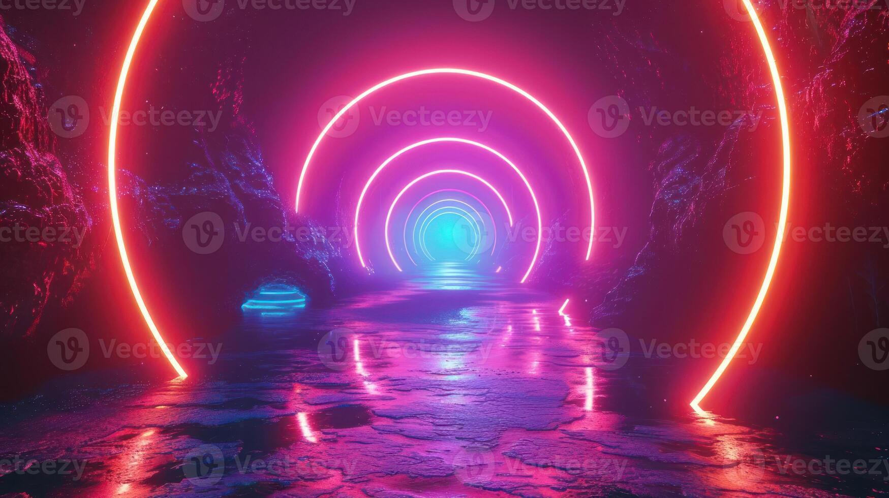 Neon-lit tunnel with glowing arches reflecting on wet ground, creating a surreal atmosphere photo