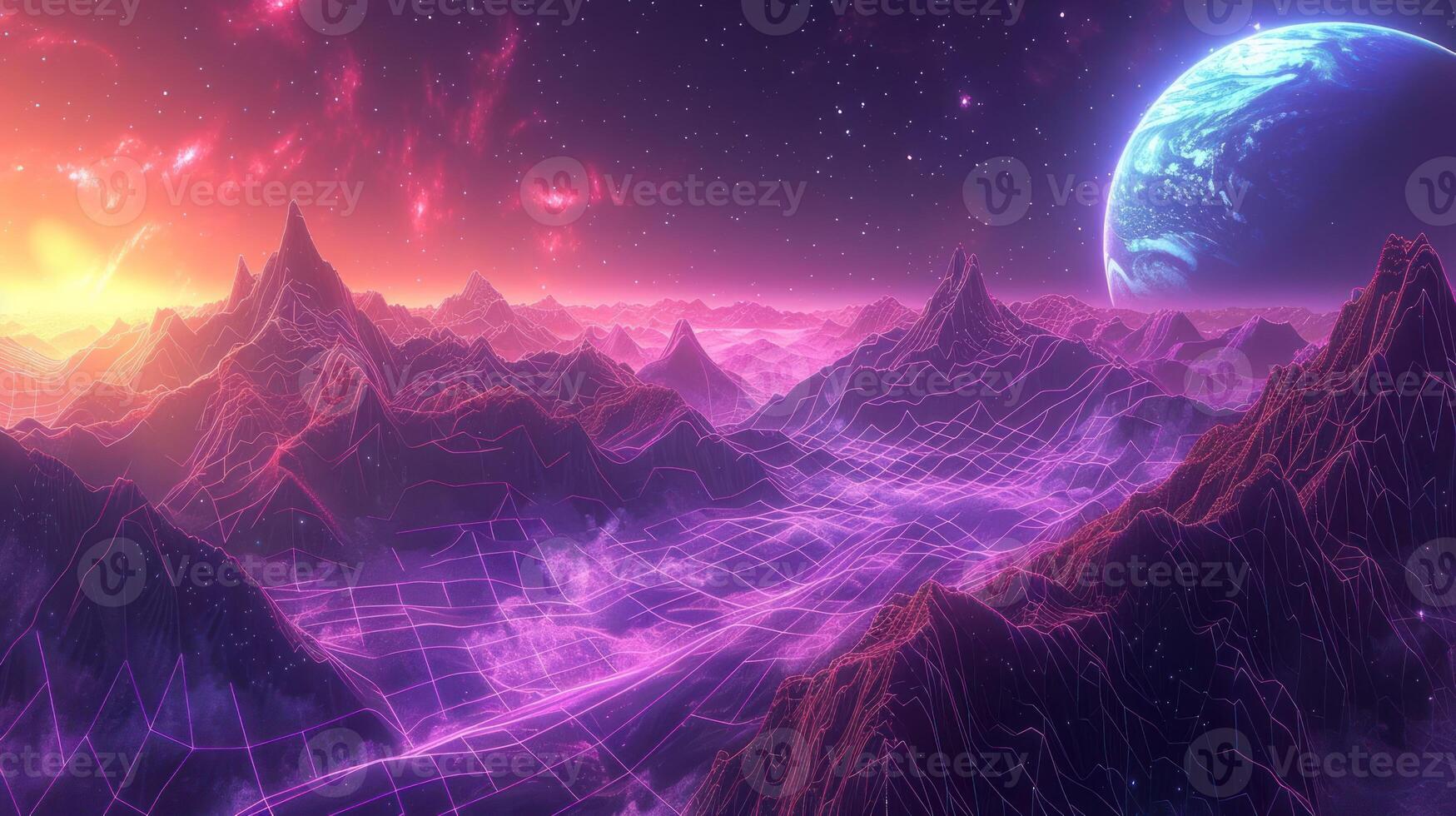 Futuristic neon landscape with mountains, glowing grid, and distant planet under a vibrant sky photo