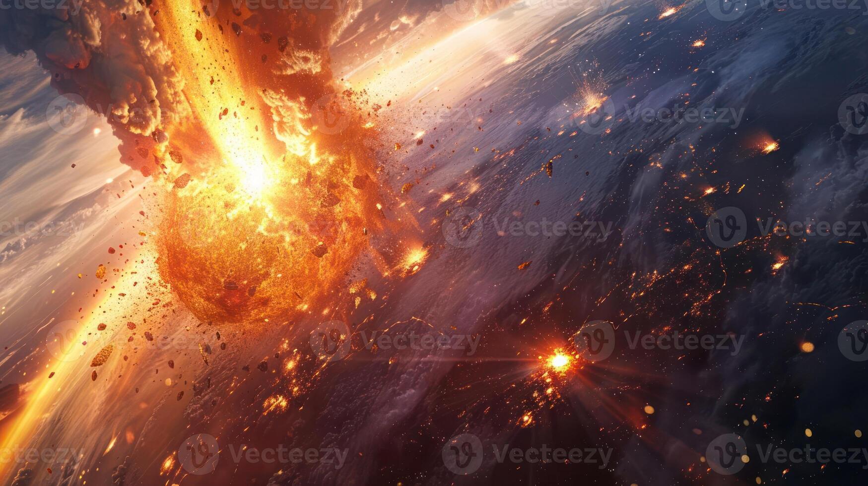 Dramatic cosmic explosion with fiery debris impacting a planet in a vast space backdrop photo