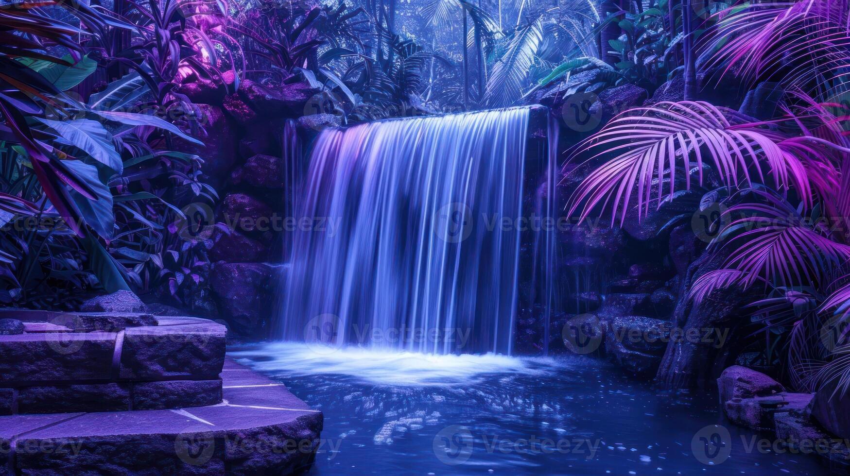 Serene waterfall cascading through vibrant tropical foliage in a mystical forest setting photo