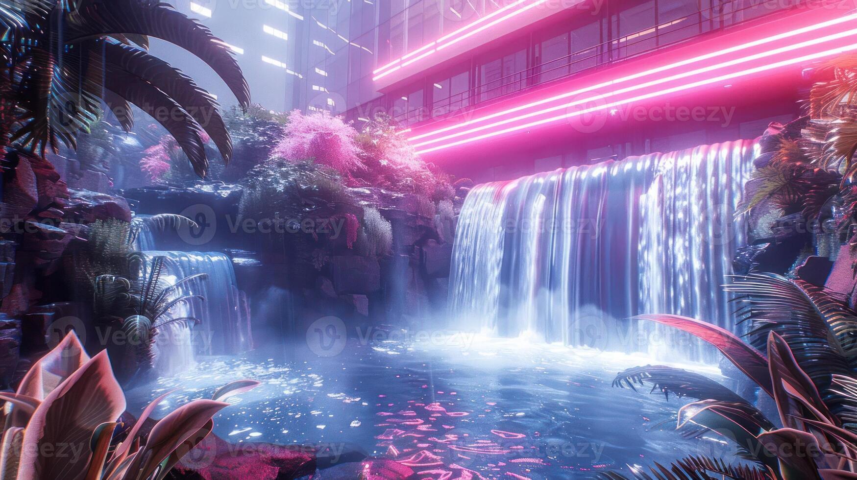 Serene futuristic landscape featuring vibrant waterfalls and neon lights amidst lush foliage photo