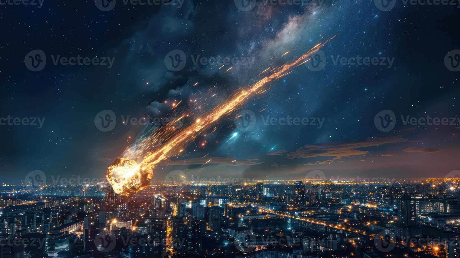 A fiery meteor streaks through a starry night sky over a bustling cityscape below photo