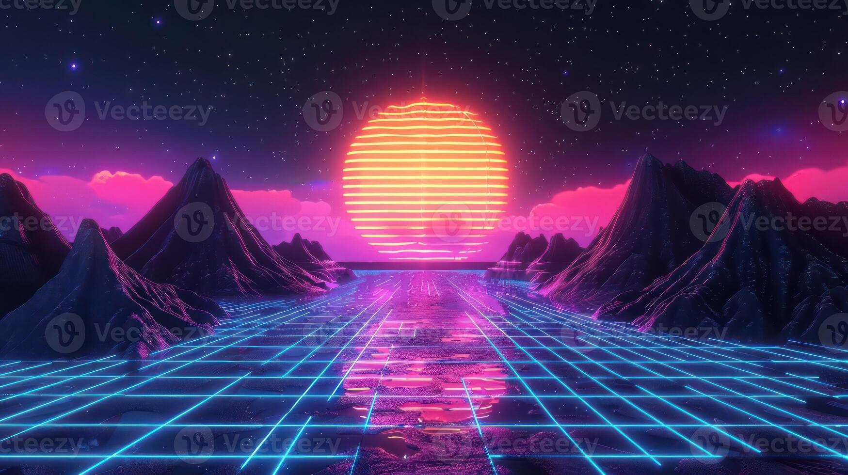 Vibrant retro landscape with neon sun setting over a grid-like water surface and mountains photo