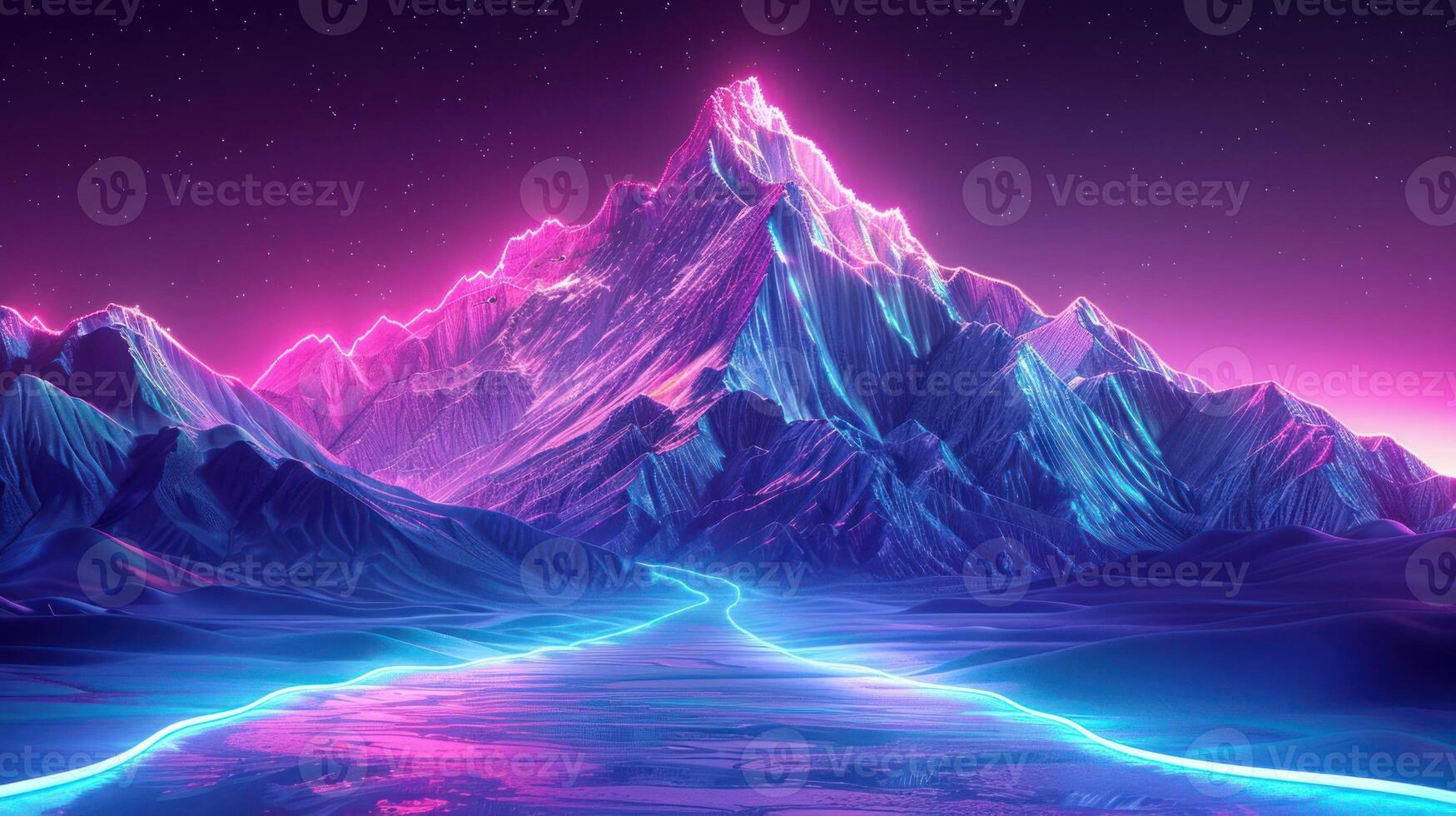Vibrant neon landscape featuring majestic mountains illuminated by ethereal lights at dusk photo