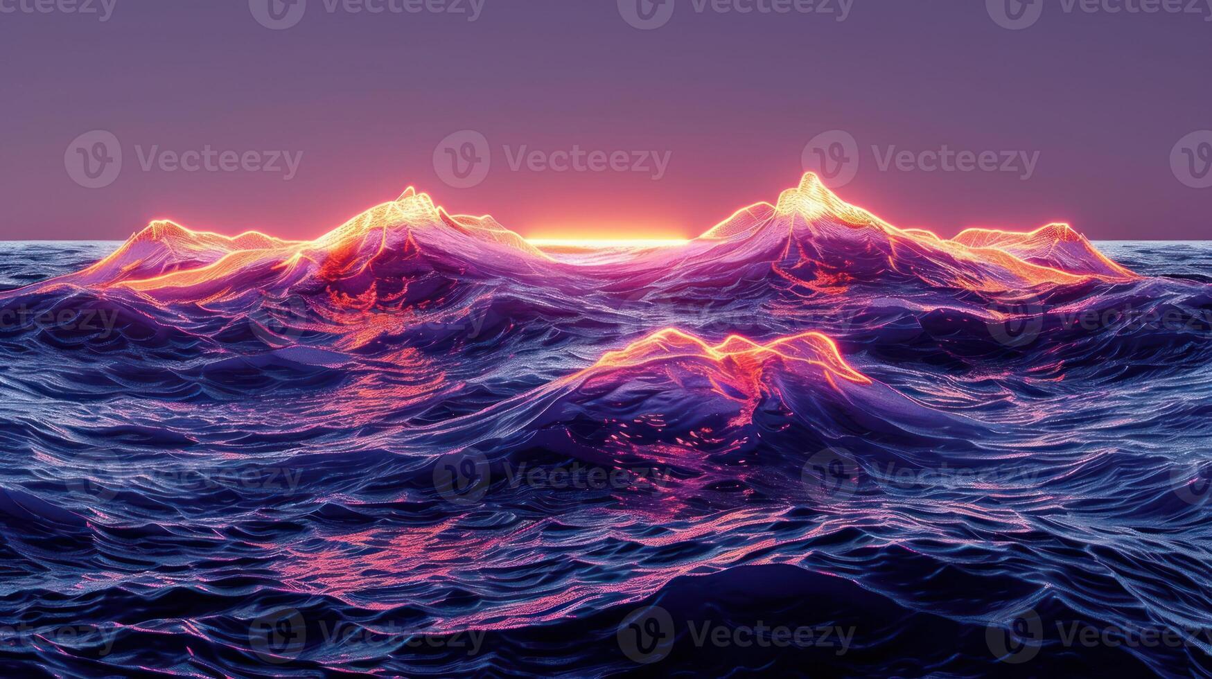 Vibrant sunset over rolling ocean waves with glowing peaks and serene twilight backdrop photo