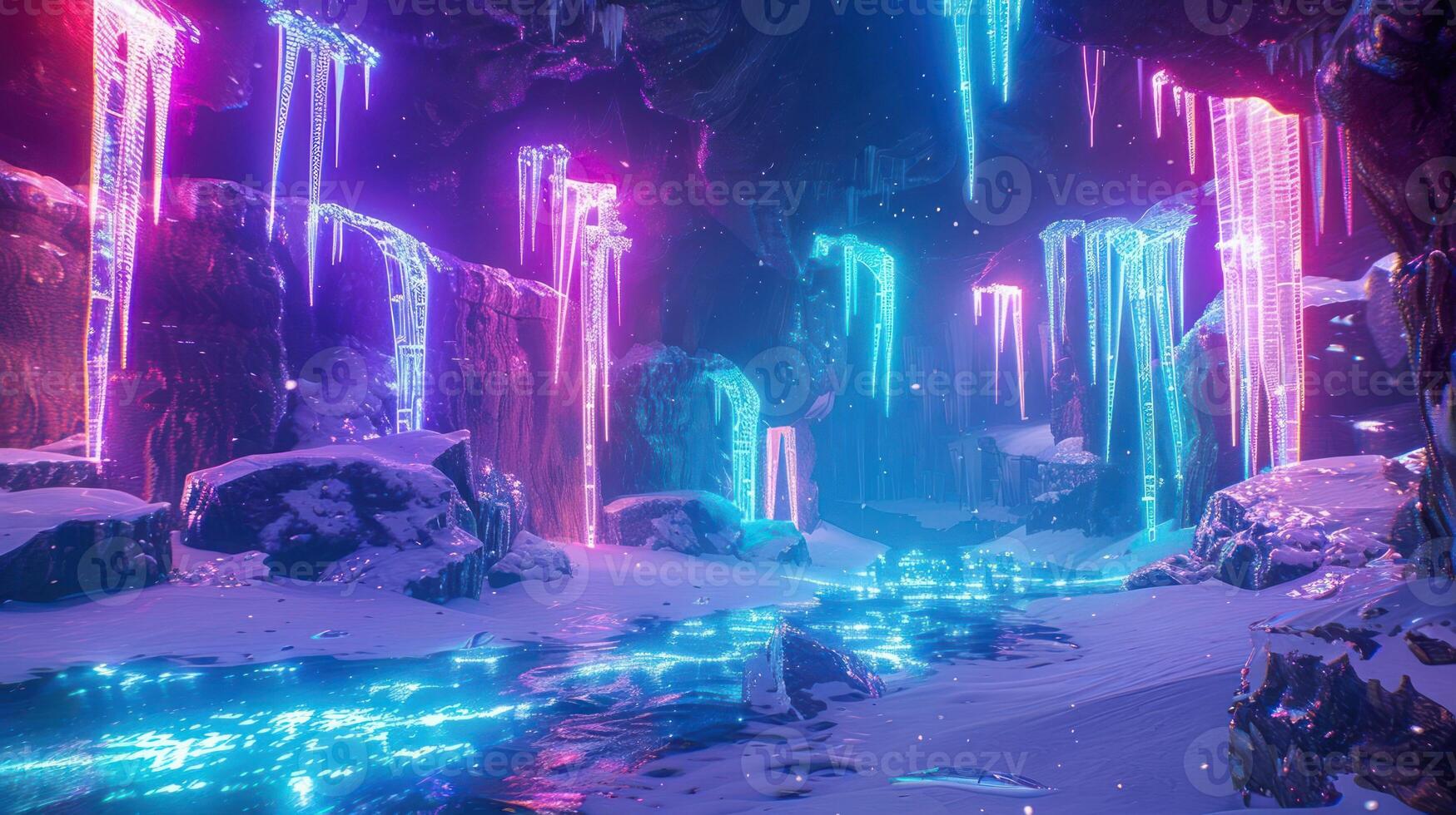 Enchanted ice cave with glowing icicles and a shimmering river, creating a magical atmosphere photo