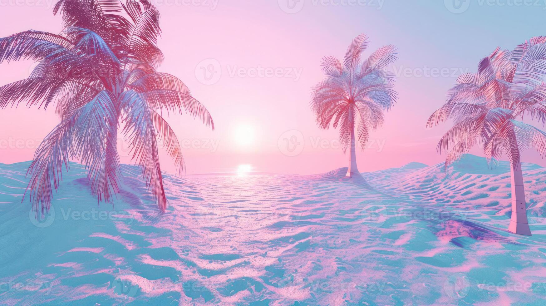 Serene sunset over a tropical beach with palm trees silhouetted against a colorful sky photo