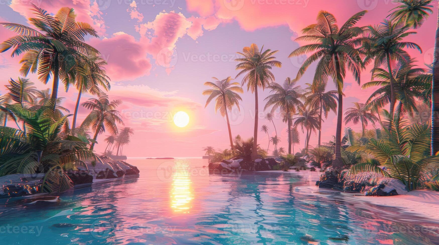 Serene Sunset Over Tropical Waters with Lush Palm Trees and Vibrant Sky Reflections photo