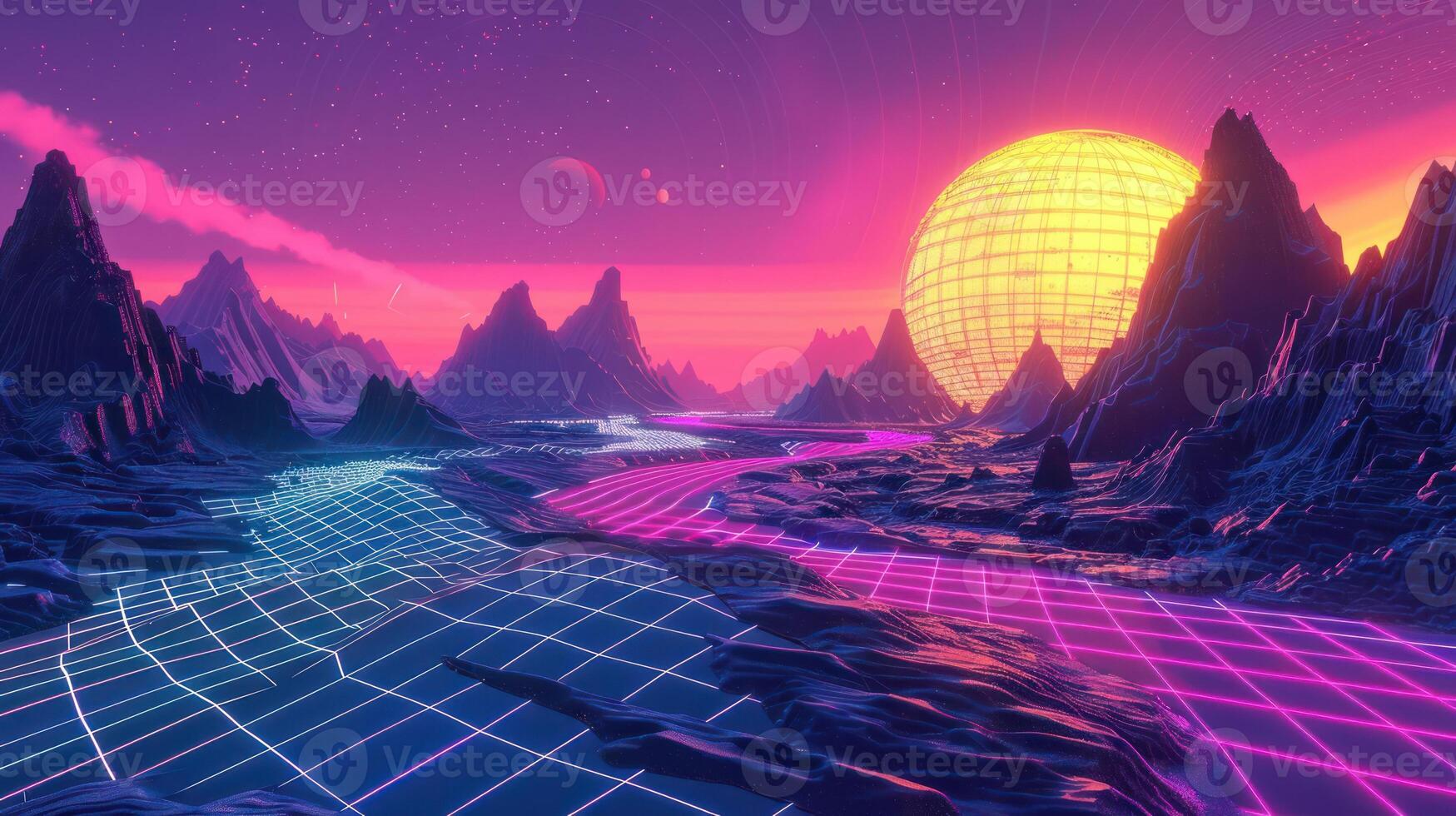 Vibrant futuristic landscape featuring mountains, glowing rivers, and a large sun in a cosmic setting photo
