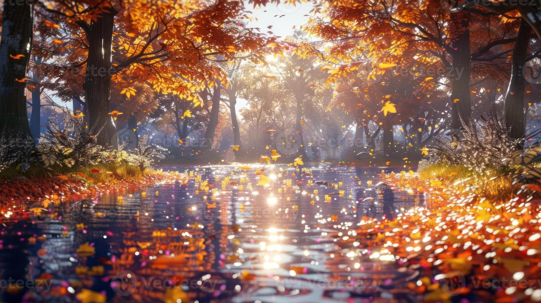 Serene autumn landscape with vibrant foliage reflecting on a tranquil river under soft sunlight photo