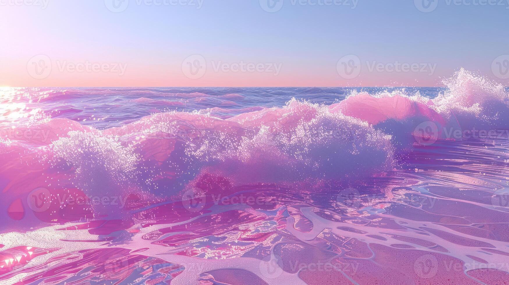 Serene sunset over gentle waves, reflecting pink hues on a tranquil beach at dusk photo