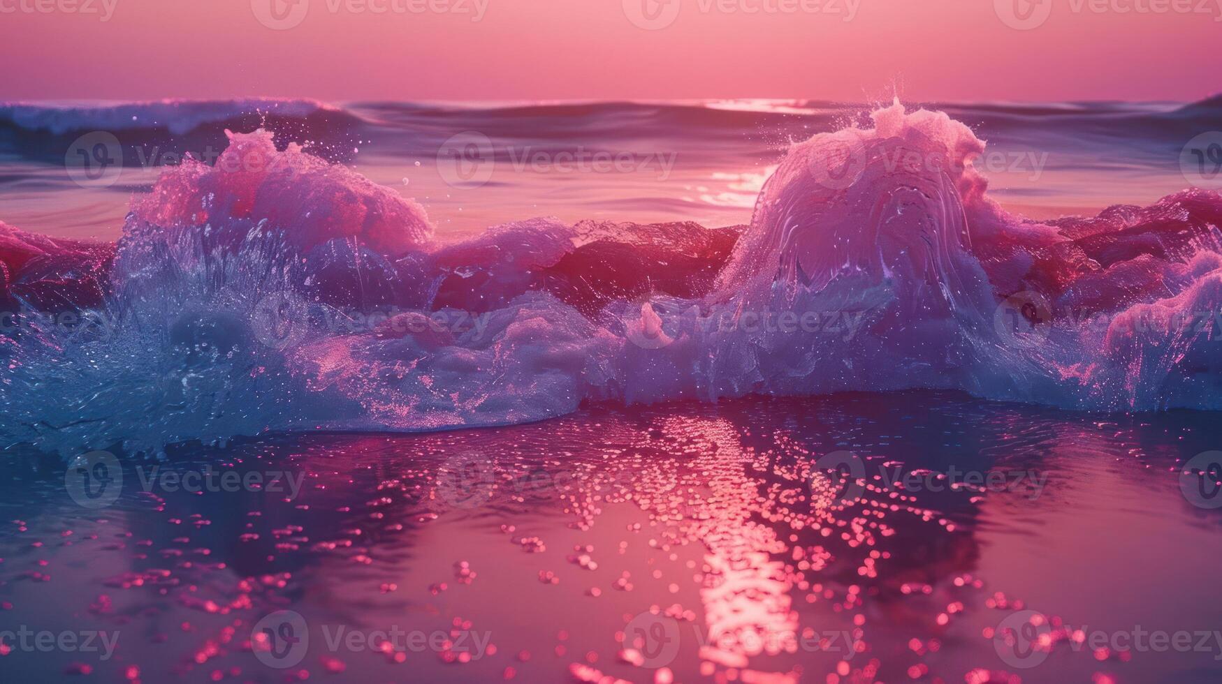 Serene sunset over gentle waves, reflecting pink hues on the water's surface at the beach photo