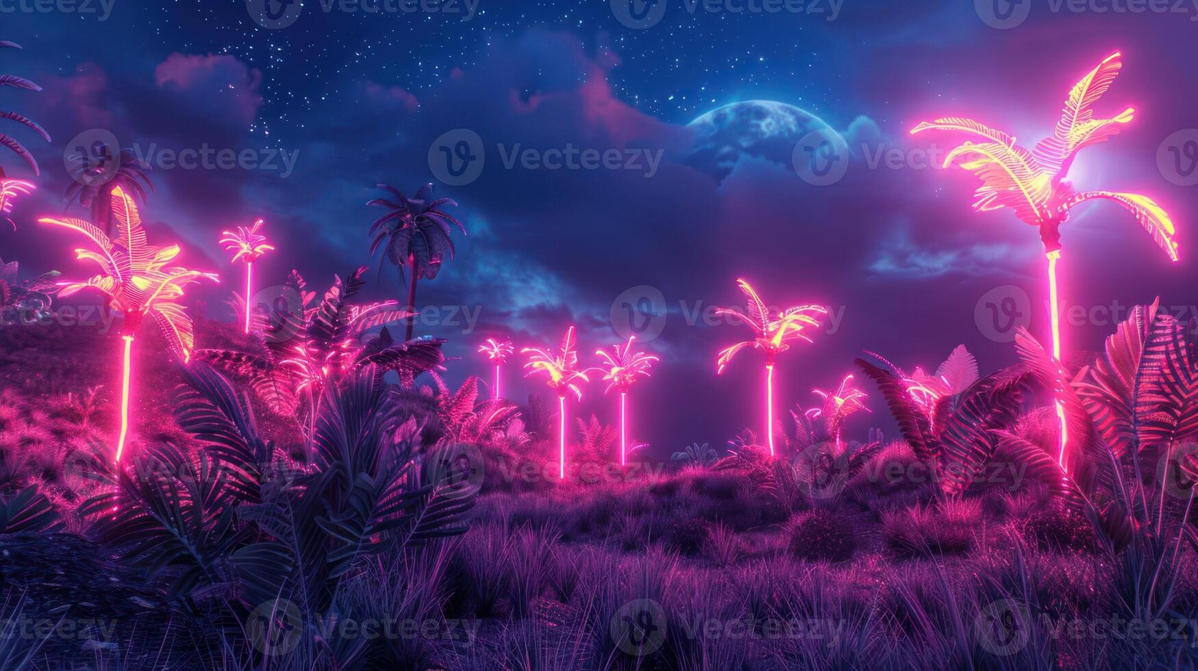 Neon-lit tropical landscape at night with glowing palm trees under a starry sky photo