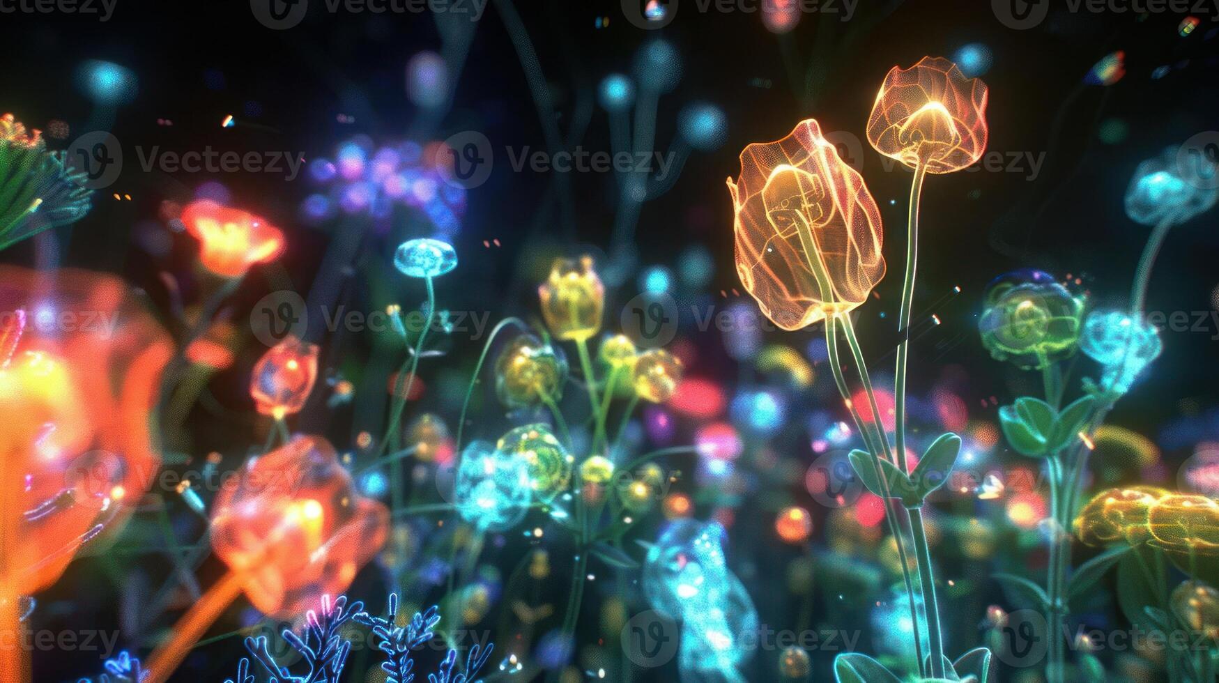 Vibrant glow of colorful flowers in a mystical garden with shimmering lights and ethereal ambiance photo