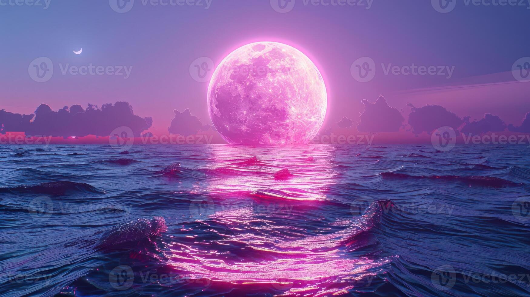 A vibrant pink moon rises over a serene ocean, reflecting light on gentle waves at dusk photo