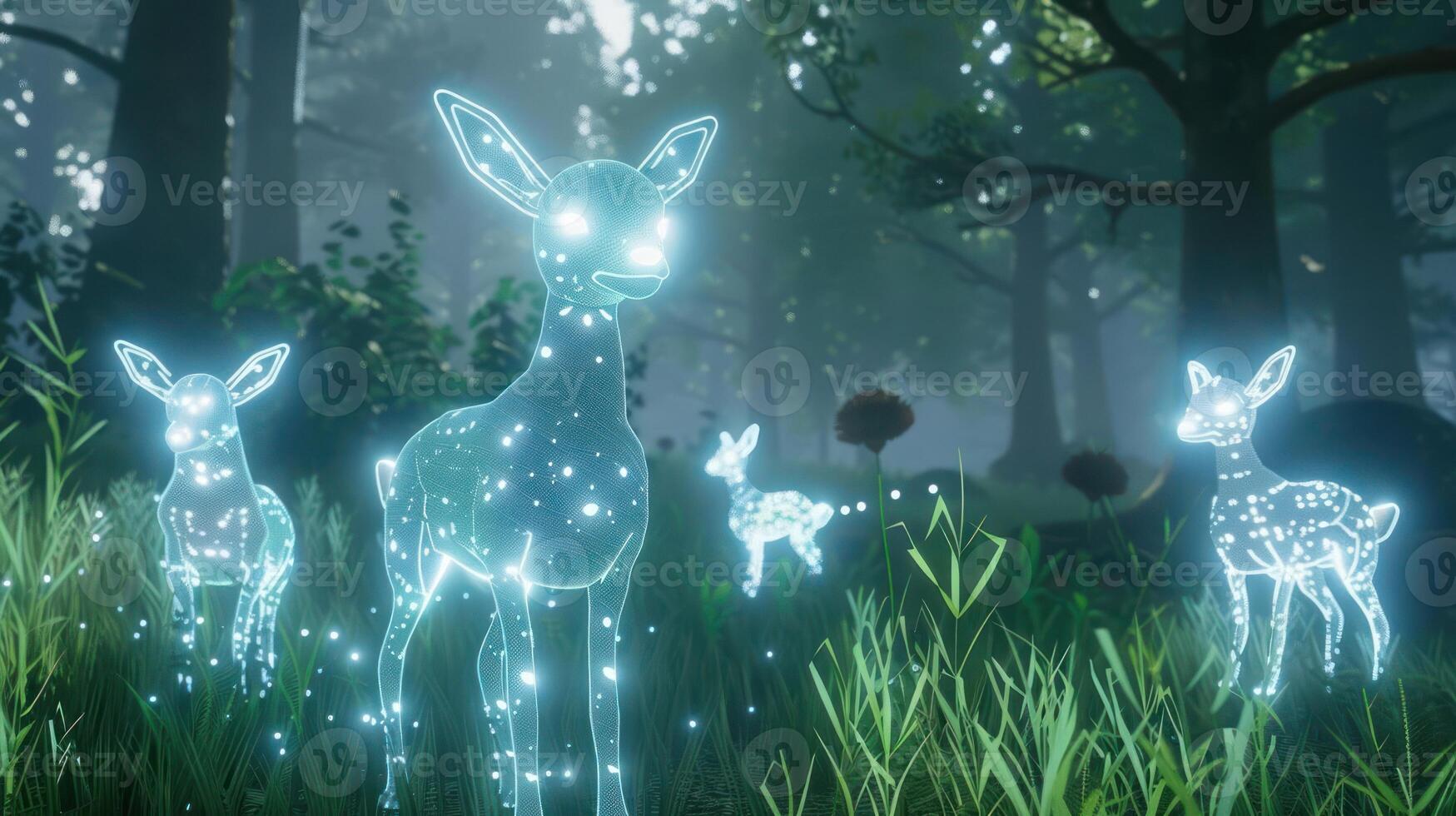 Ethereal glowing deer in a mystical forest, surrounded by lush greenery and soft light photo