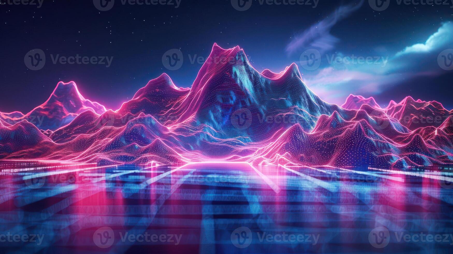 Futuristic neon landscape with glowing mountains and reflective water under a starry sky photo