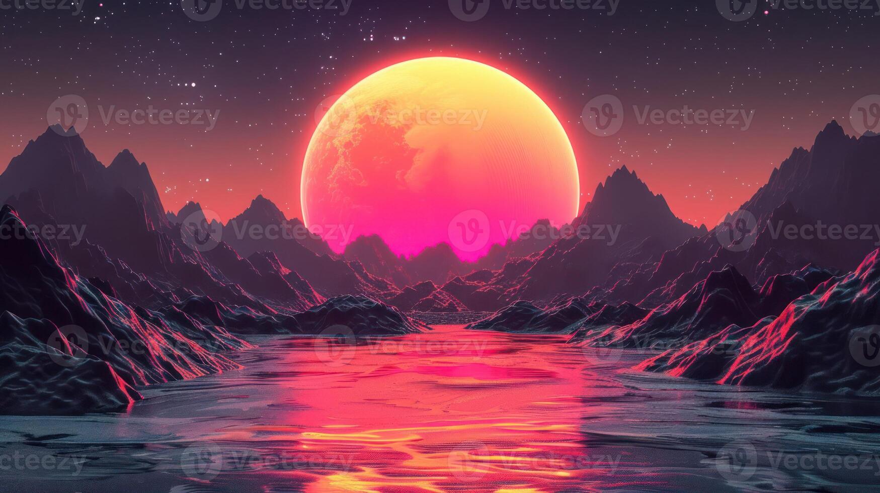 Vibrant sunset over alien landscape with mountains and reflective water creating a surreal atmosphere photo