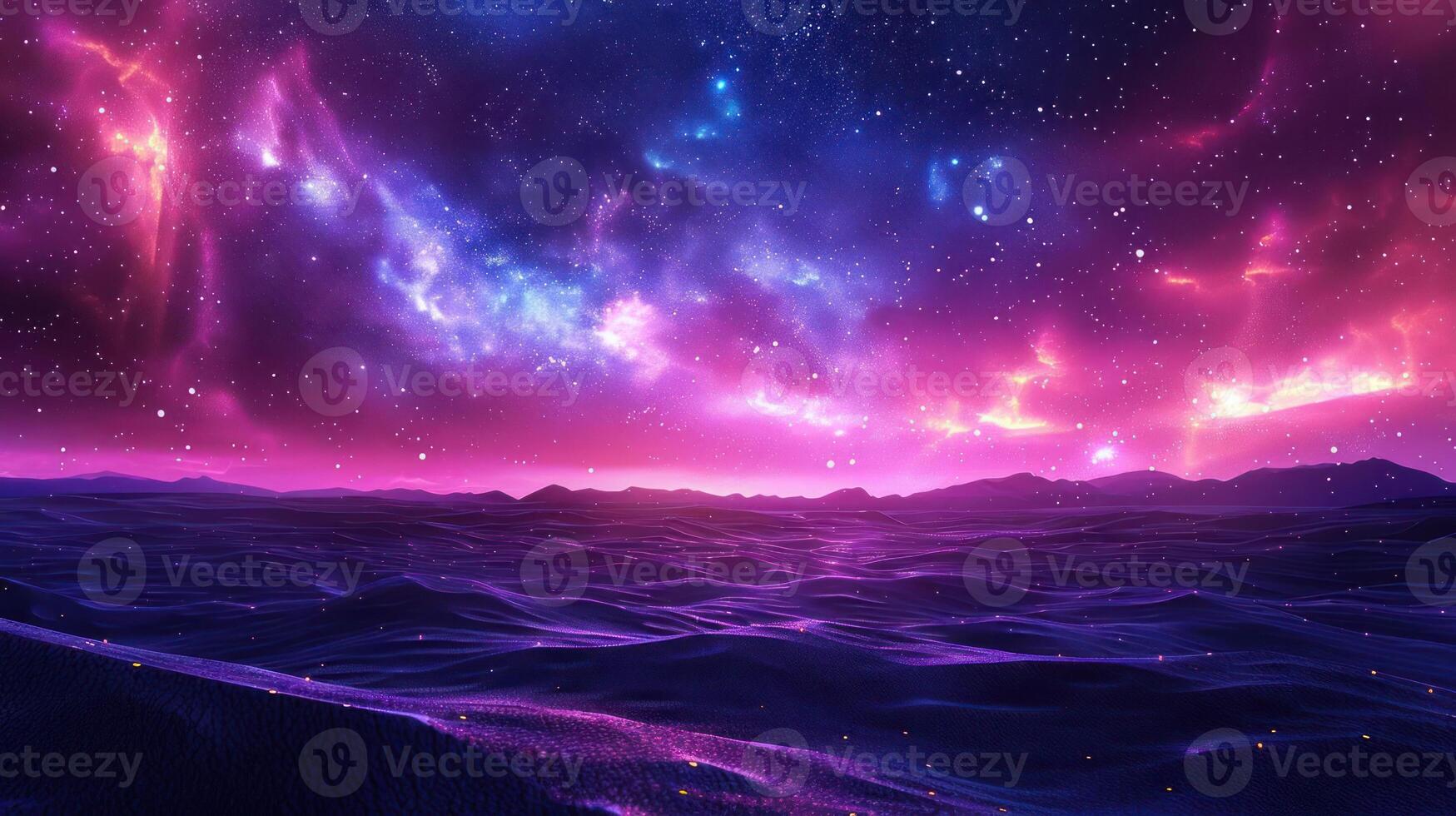 Stunning cosmic landscape featuring vibrant colors of the galaxy over tranquil ocean waves at dusk photo