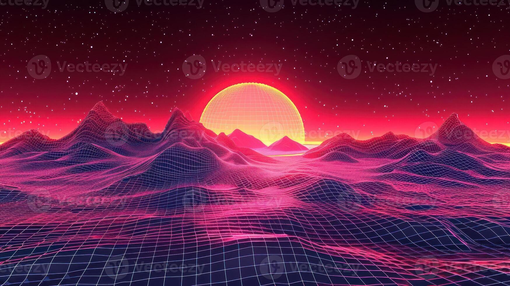 Vibrant retro landscape with a glowing sun setting over grid-like mountains and starry sky photo