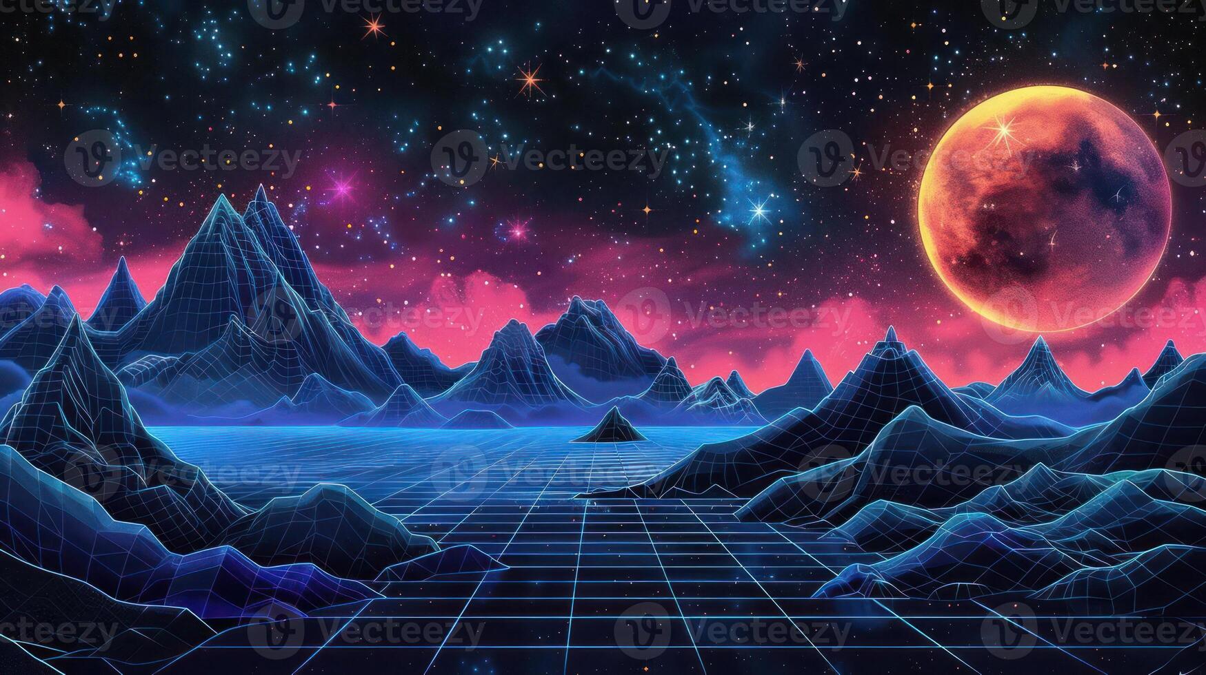 Futuristic landscape with neon mountains, starry sky, and a large red planet in the background photo
