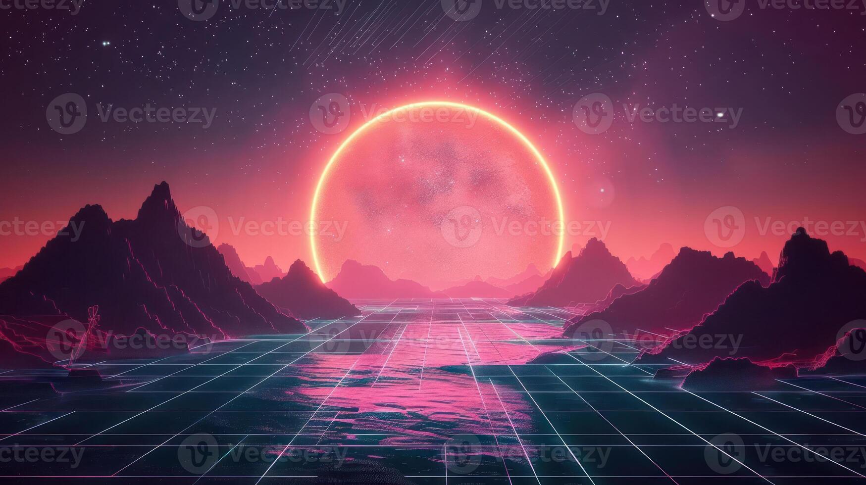 Surreal neon landscape with glowing sun and grid reflecting on water at dusk photo