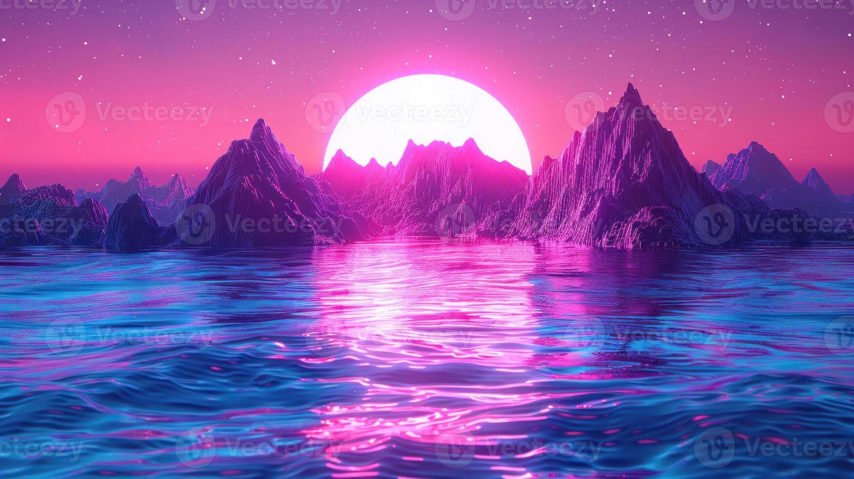 Vibrant sunset over surreal mountains and shimmering water, creating a dreamlike atmosphere photo