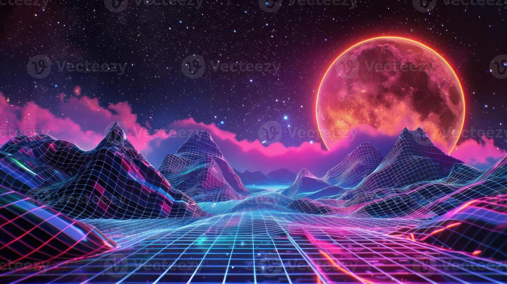 Vibrant neon landscape with mountains and a glowing moon under a starry sky at night photo