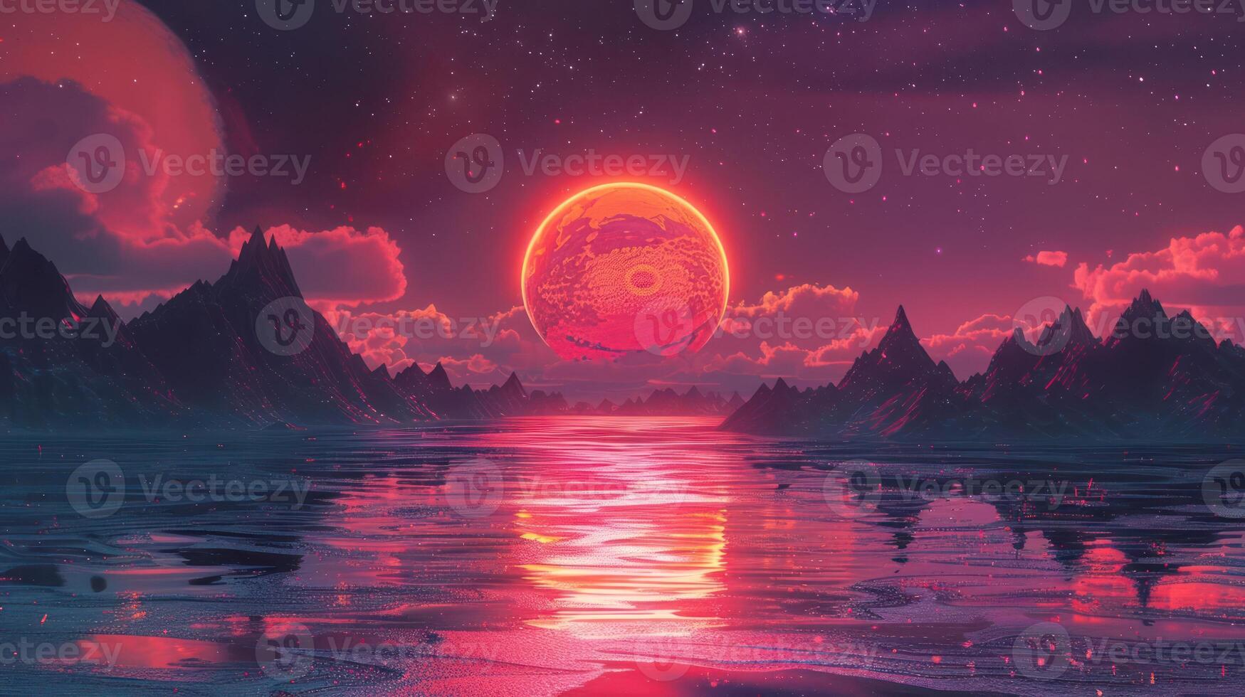 Surreal landscape featuring a vibrant sunset over a tranquil alien ocean with distant mountains photo