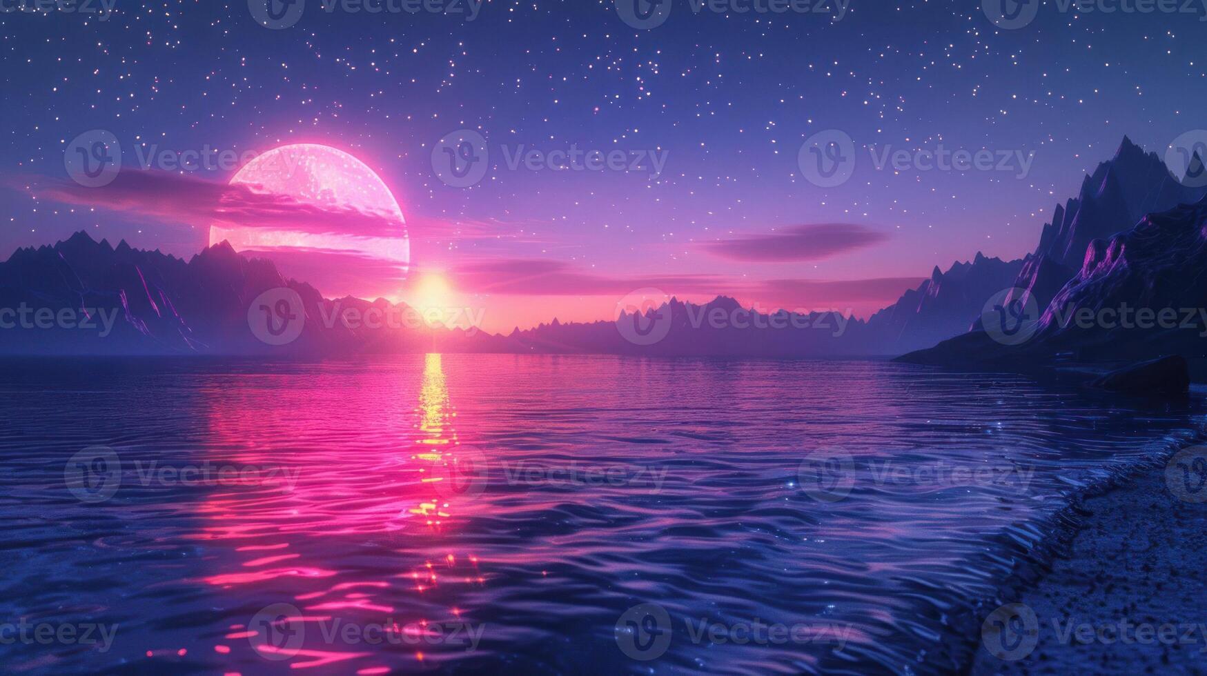 Surreal landscape at twilight with a vibrant pink moon reflecting on a tranquil ocean photo
