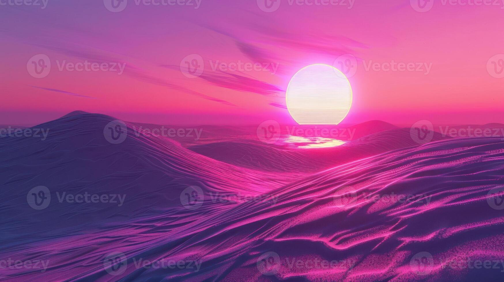Surreal landscape with vibrant pink sunset reflecting on undulating hills of soft sand photo