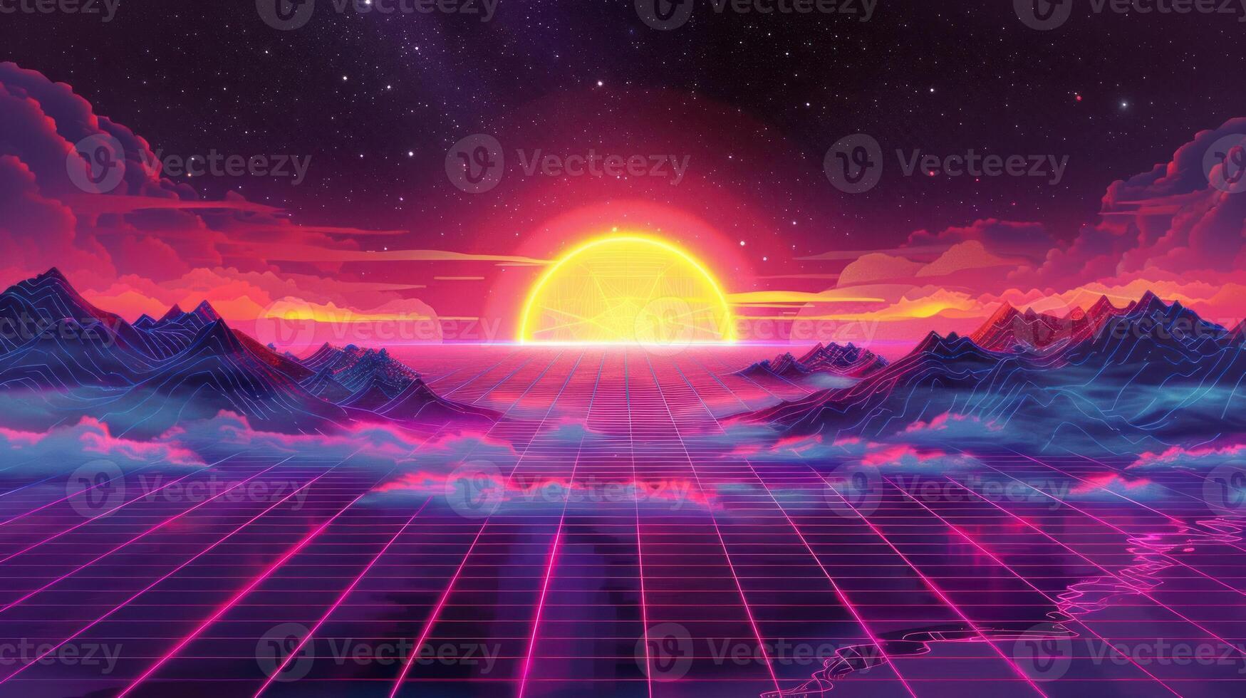 Vibrant retro landscape featuring a glowing sunset over mountains and a grid horizon photo