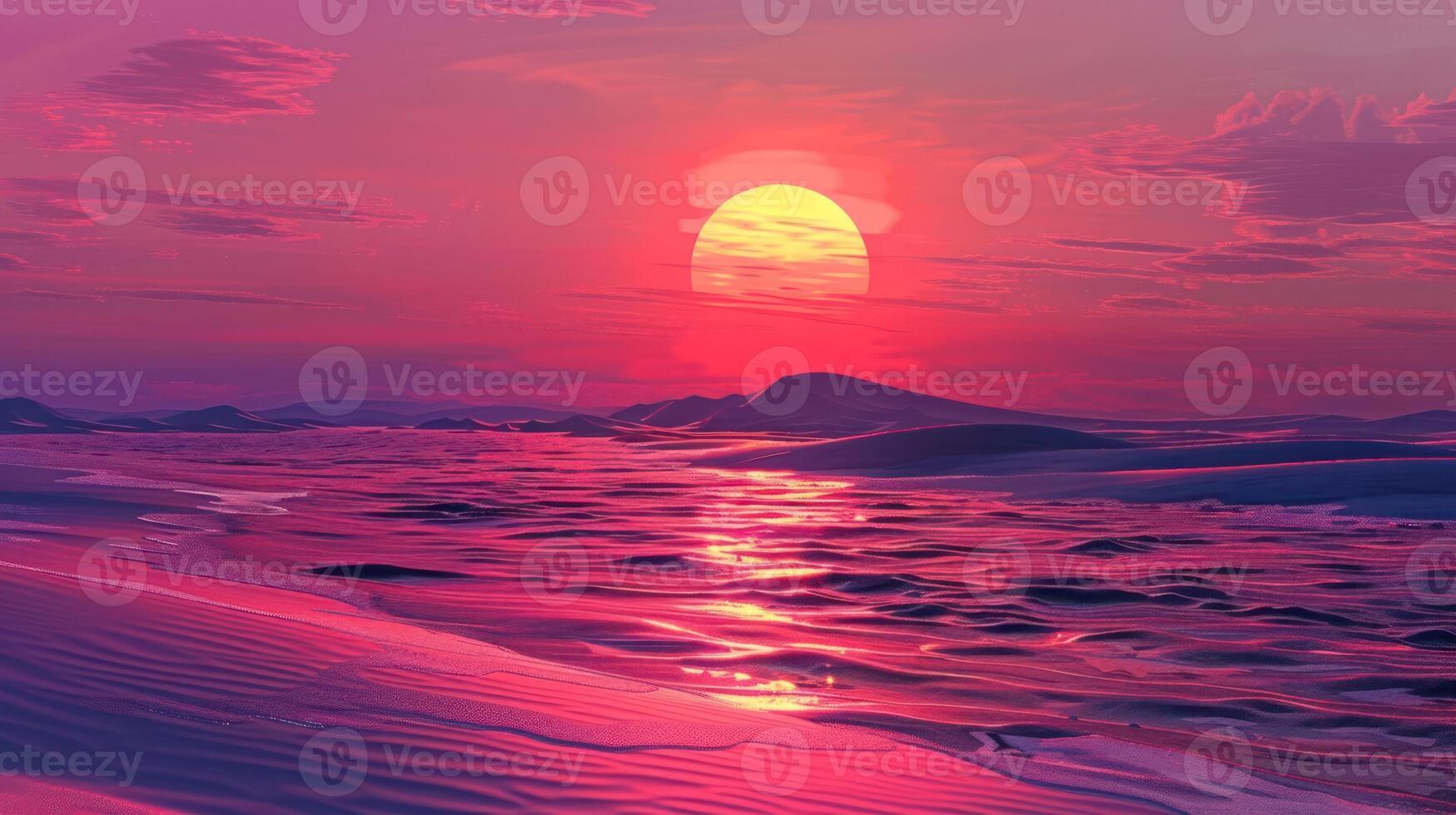 Vibrant sunset over tranquil ocean waves with pink and purple hues reflecting on water photo