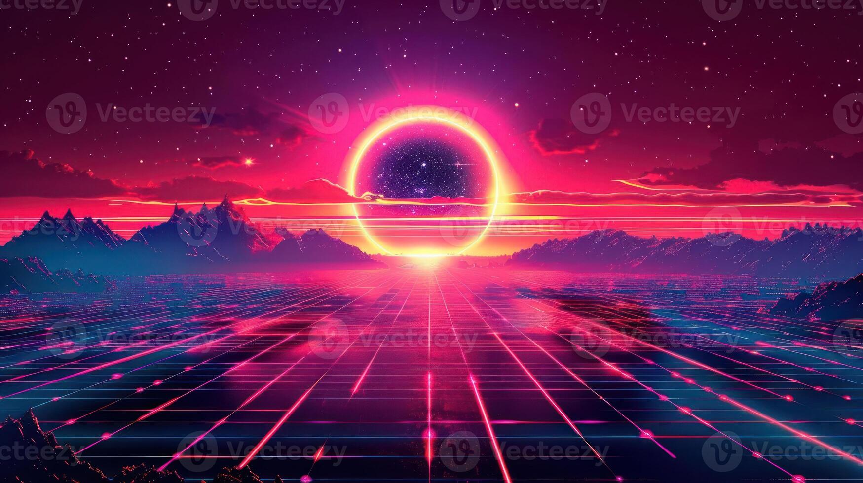 Futuristic landscape with a vibrant sunset, neon colors reflecting on a grid pattern, mountains in background photo