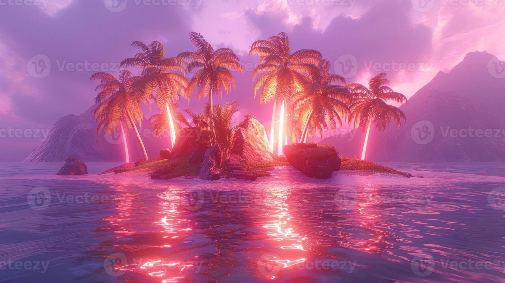 Serene tropical island at sunset with vibrant palm trees and glowing reflections in water photo