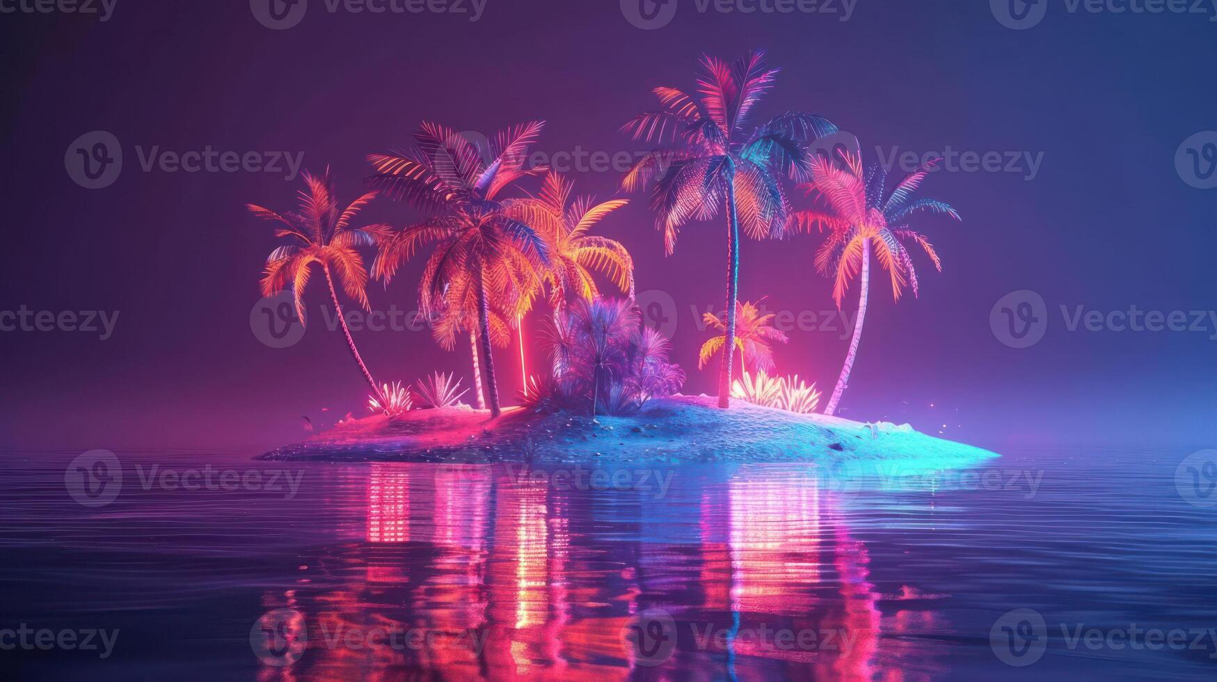 Vibrant tropical island at night with glowing palm trees and serene water reflections photo